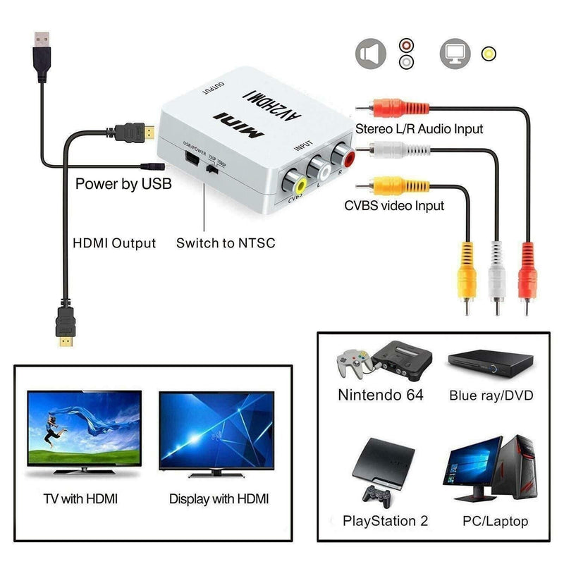 Composite AV CVBS 3RCA to HDMI Video Cable Converter 1080p Upscaling