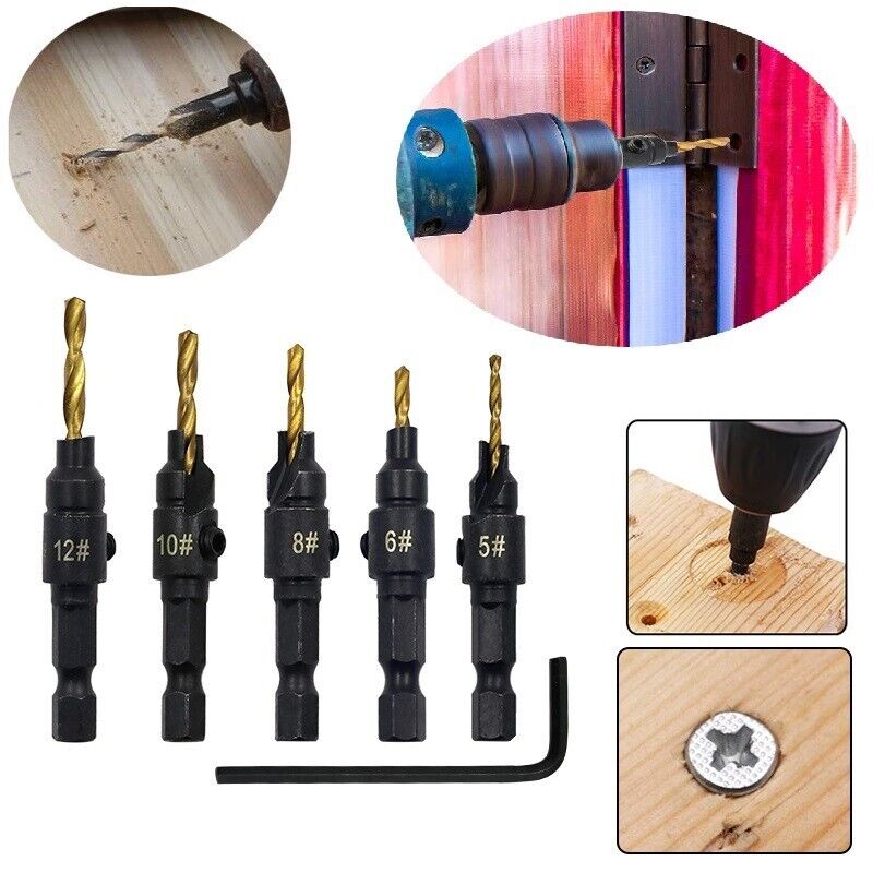 5pc Kit Hex Shank Drill&Countersink Bit Screw Wood Hole/Woodworking Reaming