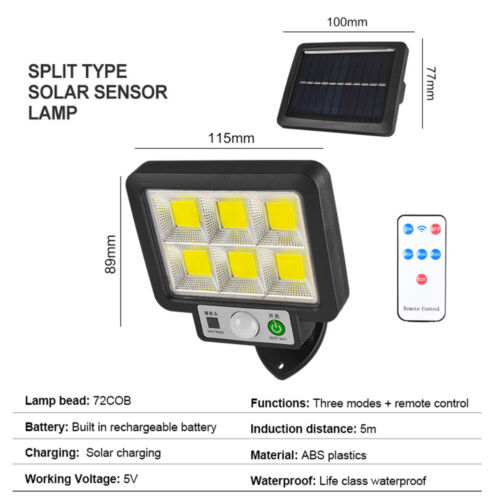 72 COB Solar Motion Sensor Light Outdoor Garden Wall Street Security Flood Lamp